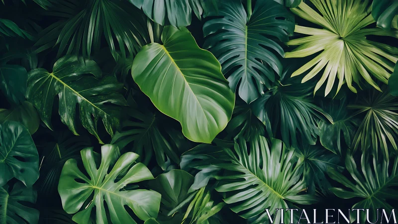 Lush tropical foliage with overlapping glossy green leaves.