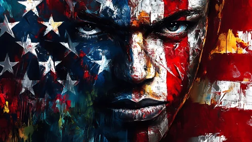 Flag-forged gaze drenched in fractured American colors.