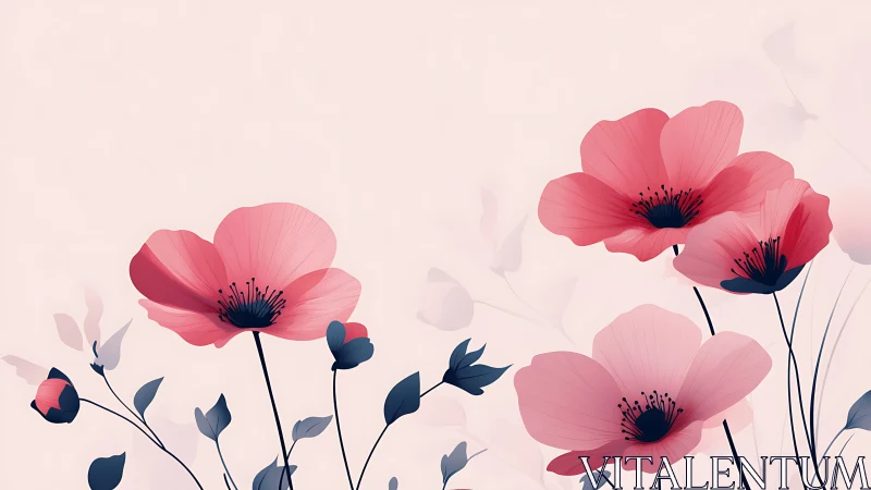 Minimalist vector poppies rendered with flat gradients and soft bokeh