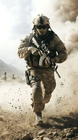 Soldier charging through desert combat smoke clouded battlefield.
