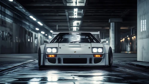 Low-slung turbo coupe in wet tunnel under cinematic lighting.