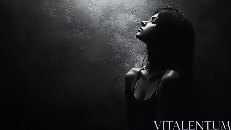 Shadowlit girl inhaling moonlight against a rough wall.