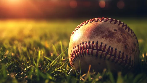 Weathered baseball in golden sunset on grassy field.