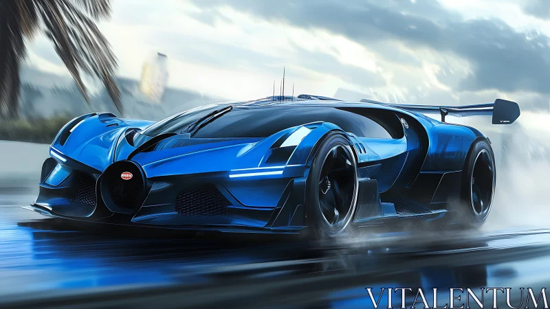Futuristic blue hypercar races through wet coastal highway