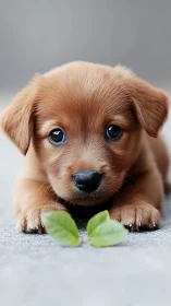 Brown puppy lying on ground surface with green leaves.