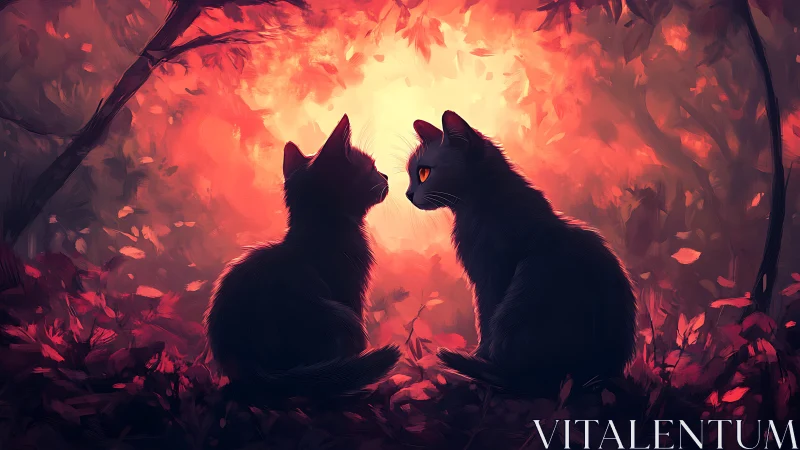Two cats sit in silhouette against burning forest environment.