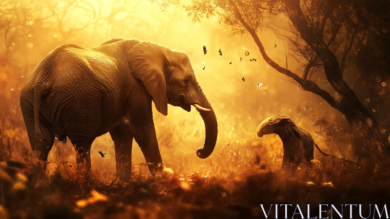 Elephant and small creature in backlit woodland clearing.
