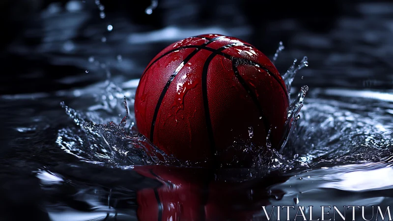 Red basketball crashes through midnight water in sharp focus