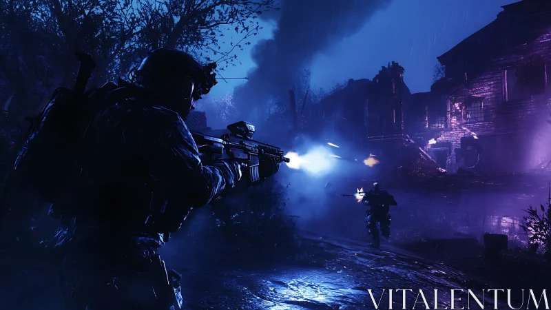 Night combat squad advancing through ruined city street.