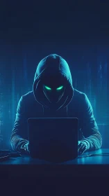 Neon hooded hacker conjures midnight code under glow.