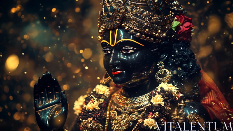 Divine black idol in ornate gold regalia amid warm bokeh.
