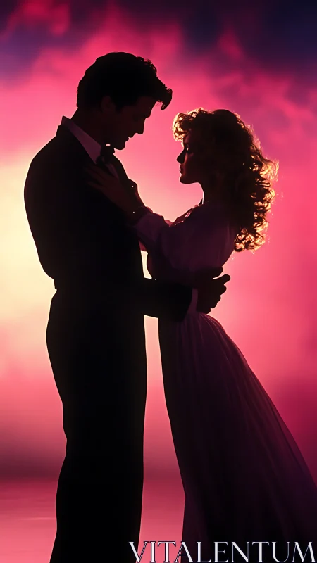 Silhouetted Couple Dancing Against Pink Gradient Backdrop.