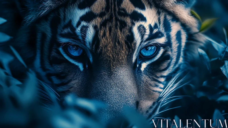 Close frontal view of tiger face in cool blue foliage.