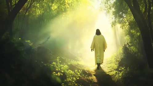 Backlit robed figure walking forest path in radiant morning light