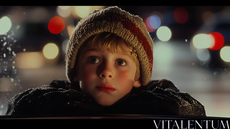 Low-light bokeh portrait of winter child at glass interface.