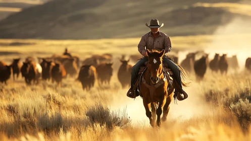 Cowboy on horseback guiding cattle through dry grassland.