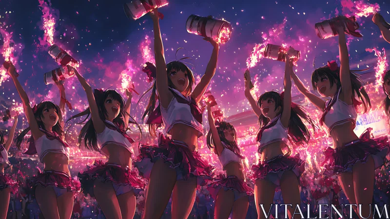 Cheer squad holds handheld flares during dense night event