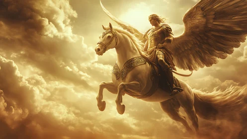 Winged warrior rides celestial horse through blazing clouds.