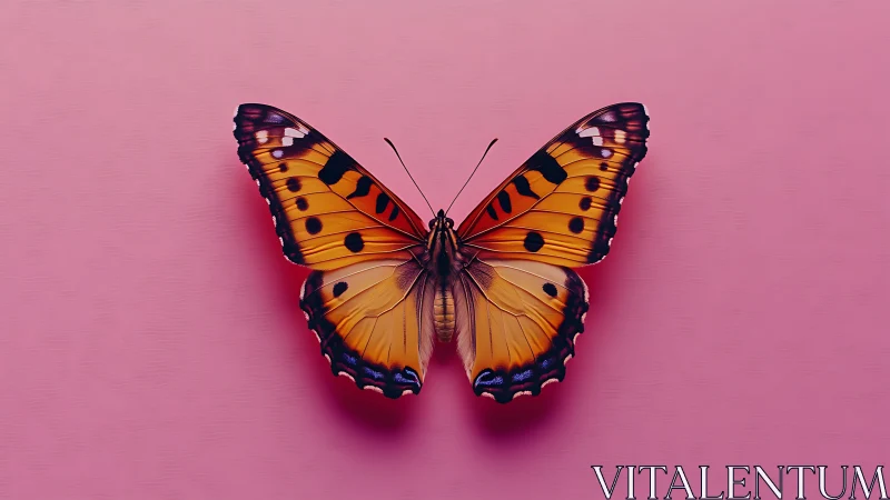 Orange monarch butterfly on pastel pink minimal backdrop.