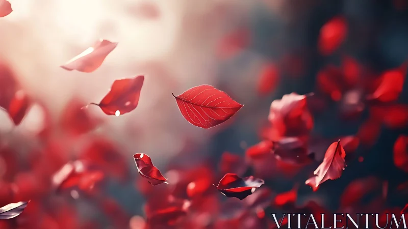 Shallow depth-of-field red leaves drift through soft backlit air