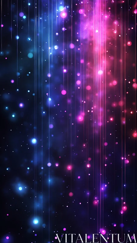Vertical neon particles form blue and magenta light streaks