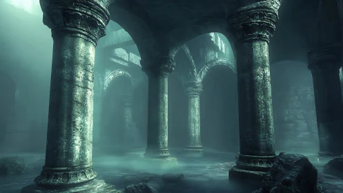 Submerged stone arches and pillars stand in misty ruins