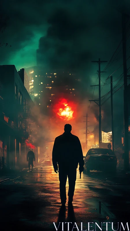 Silhouetted figure in neon alley facing distant explosion.