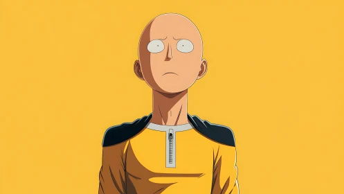 Stoic bald anime hero in flat-field chromatic isolation.