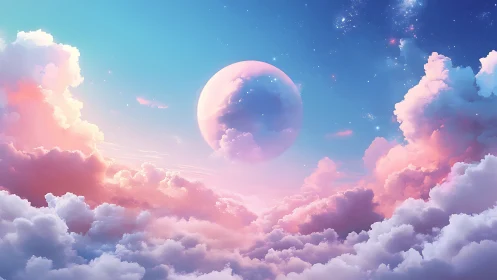 Celestial dawn drifts around a pastel moonlit cloud ocean.