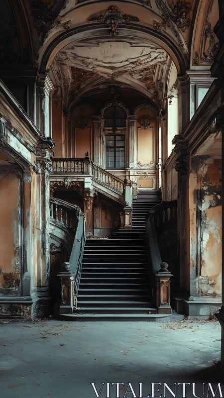 Grand decaying staircase in an abandoned baroque palace.