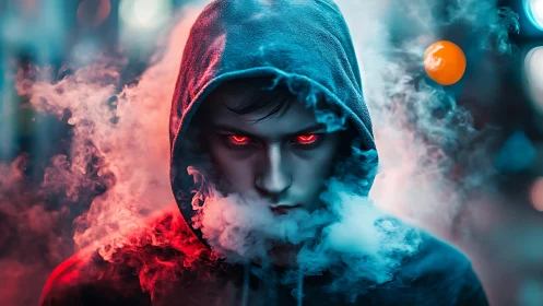 Mysterious hooded figure with glowing eyes in neon mist.