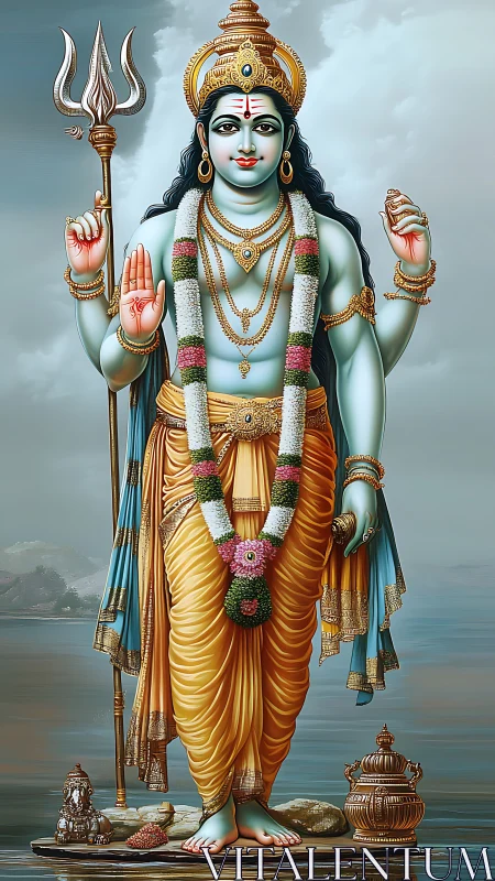 Devotional Hindu deity portrait in ornate frontal composition.