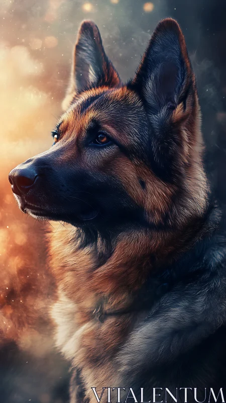 Luminous-profile digital study of alert German shepherd dog.