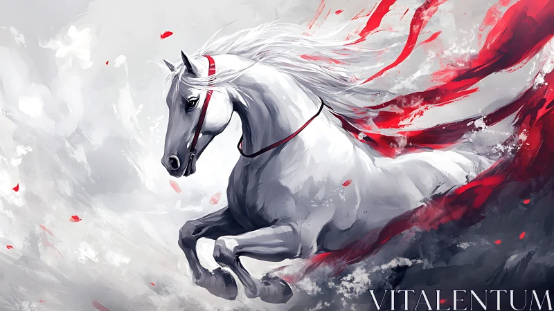 Dynamic white horse rendered with gestural brushwork and red accents