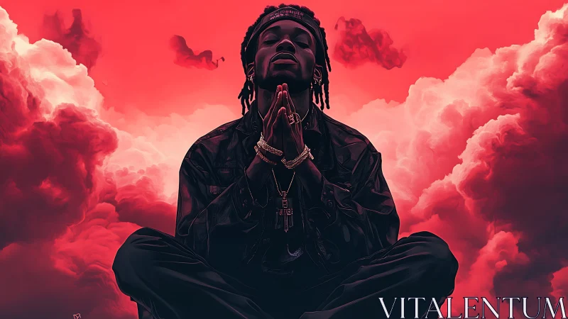 Praying figure meditates within crimson storm clouds