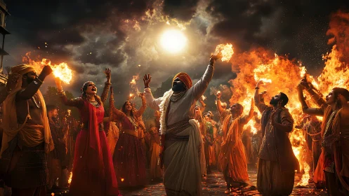 Firelit festival dancers conjure a storm of sacred flames.