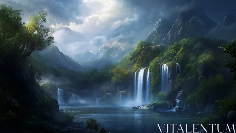 Misty emerald valley with gentle waterfalls and quiet light.