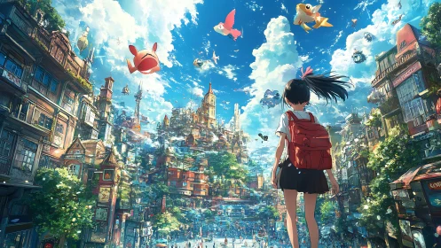 Girl overlooking luminous sky city with floating creatures.