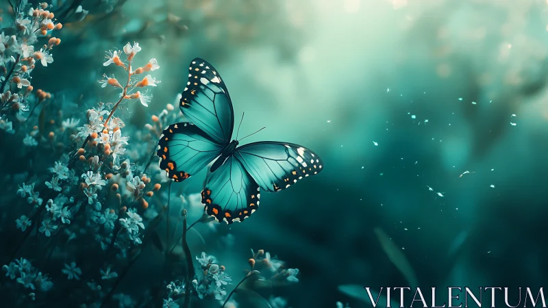 Gentle turquoise butterfly drifts softly above dreamy wildflowers