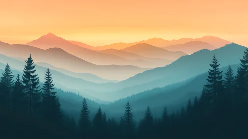 Sunrise cascades over misty pine ridges in painted calm.