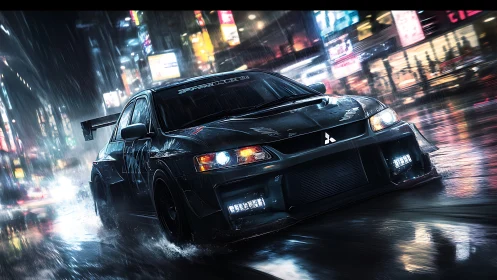 Midnight street racer car charges through neon city rain