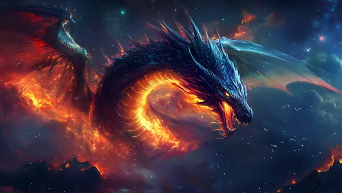Luminescent voidfire dragon in cinematic arc composition.