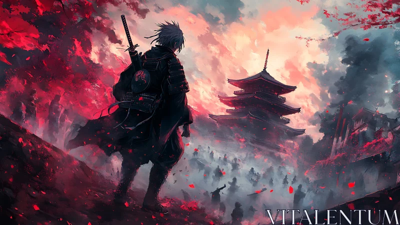 Lone samurai walks toward a misty temple of crimson skies.