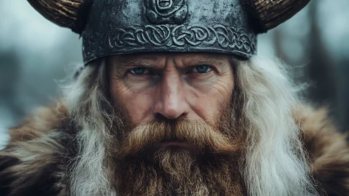 Weathered Viking warrior gazes forward with fierce calm strength