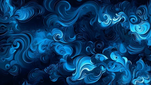 Turbulent cyan fluid vortices swirl across deep navy background