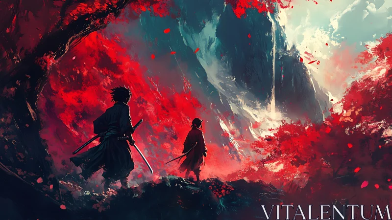 Crimson mountains listen as wandering swordsmen trade silence