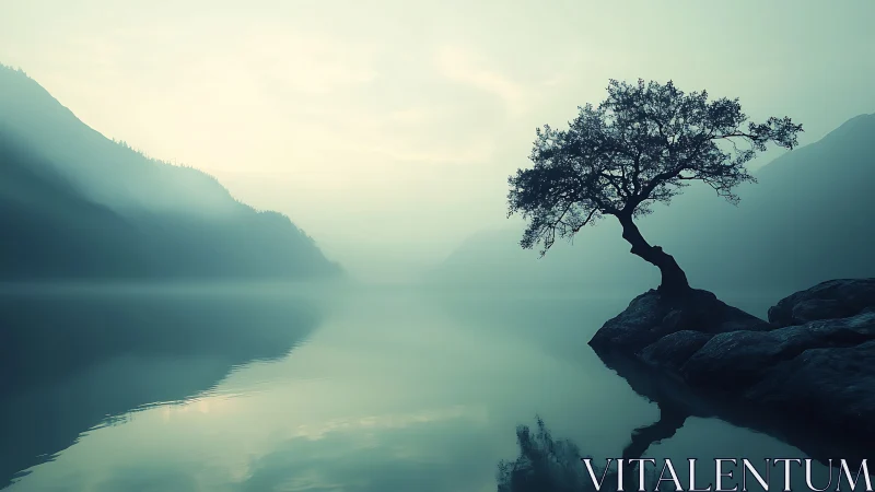 Minimalist lakeside tree in misty tonal perspective study.
