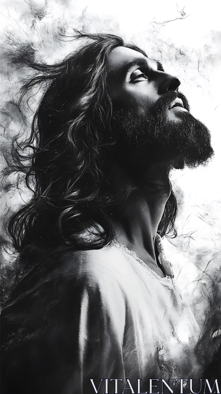 Upturned gaze carves light from storm-cloud charcoal mist