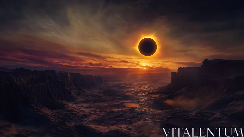 Heliospheric eclipse over stratified alien canyon basin.