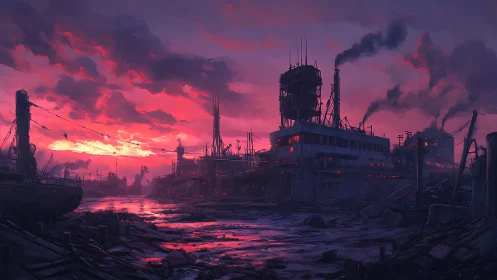 Postindustrial harbor refinery under magenta storm gradient.